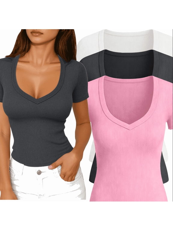 3Pack Women's Ribbed Fitted Basic T-Shirt Short Sleeve V Neck Tees