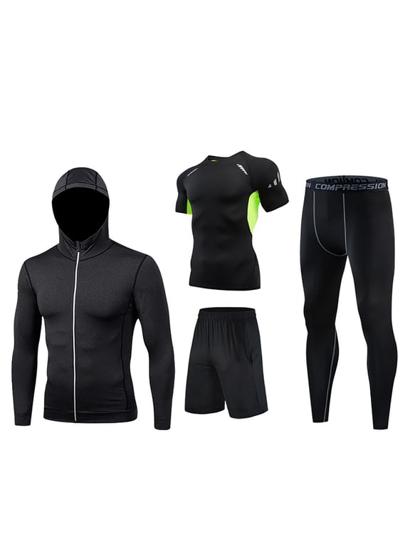 4Pcs Men's Compression Sets Athletic Pants Shirt Shorts Jacket Gym Clothes Workout Sets for Sport Running Fitness Outdoor Indoor Fitness