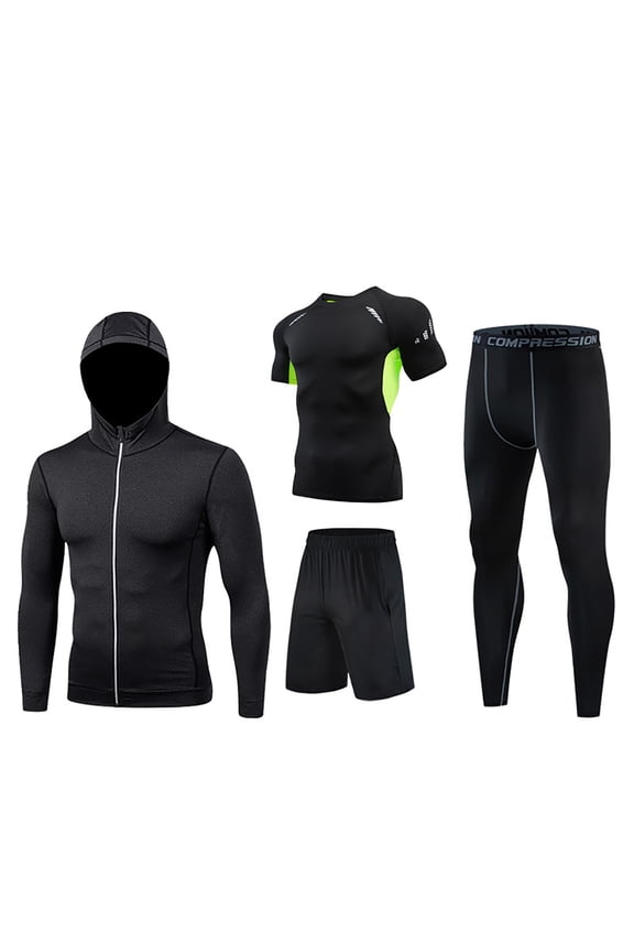 APEXFWDT 4Pcs Men's Compression Sets Athletic Pants Shirt Shorts Jacket Gym Clothes Workout Sets for Sport Running Fitness Outdoor Indoor Fitness