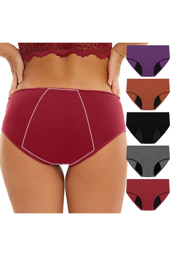 APEXFWDT 5Pcs Plus Size Underwear for Women S-5XL, Soft Leak-Proof Comfort Period Briefs Underwear Middle Waisted Breathable Stretch Panties