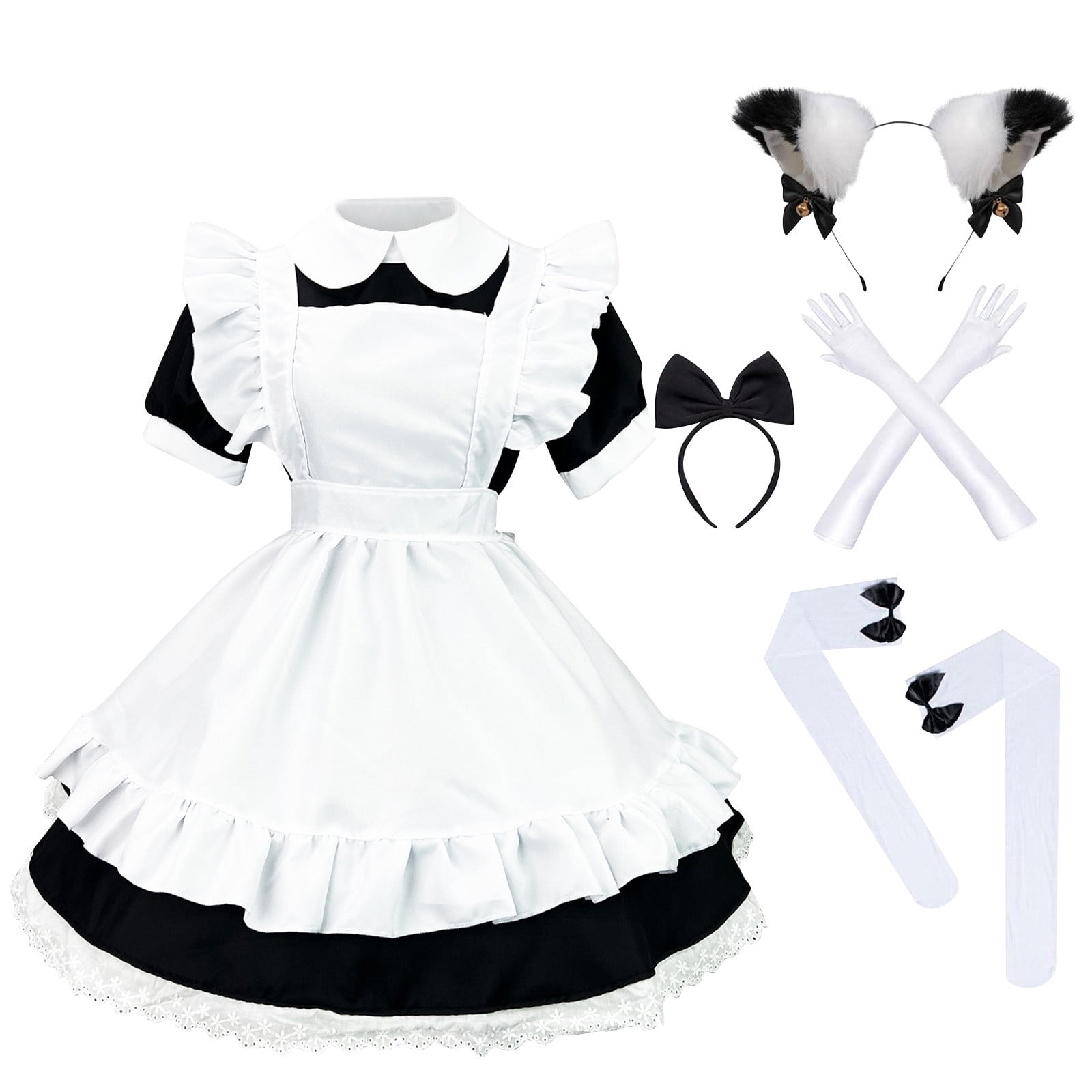 APEXFWDT Anime French Maid Fancy Dress 4Pcs Headwear Cat Ear Hairband Socks  Gloves Dress Sets Short Sleeve Japanese Classic Outfit - Walmart.com