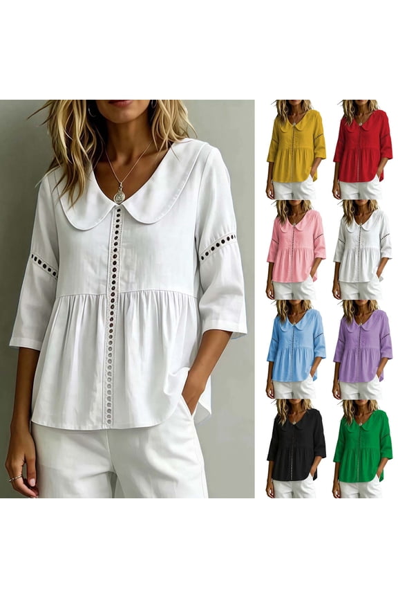Babydoll Tops for Women Cotton Linen Peter Pan Collar Blouse 3/4 Sleeve Lace Trim Casual Peplum Tops,L,Black