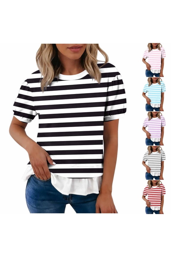 Babydoll Tops for Women Striped Peplum Top Round Neck Short Sleeve Ruffle Hem Casual Summer Blouse
