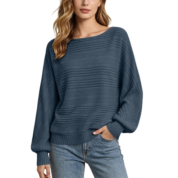 APEXFWDT Batwing Sleeves Sweater Women Crew Neck Knit Dolman Tops Business Casual Long Sleeve Shirts,XL,Navy