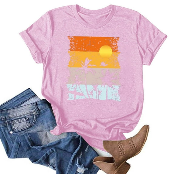 APEXFWDT Beach T Shirt Women Short Sleeve Casual Summer Vacation Tees Top Palm Trees Graphic Tees Print Shirts