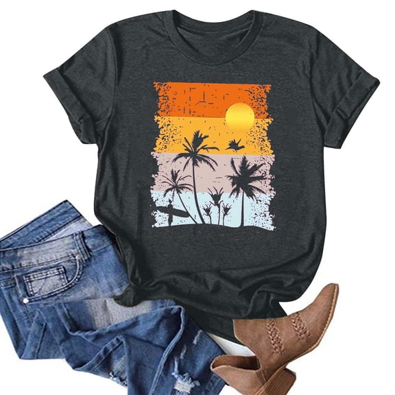 APEXFWDT Beach T Shirt Women Short Sleeve Casual Summer Vacation Tees Top Palm Trees Graphic Tees Print Shirts