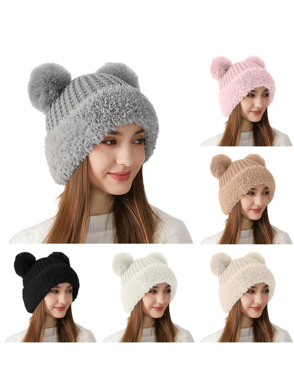 APEXFWDT Beanies Women with Double Fluffy Ear, Winter Hats for Women Cute Fuzzy Bear Ear Beanie Cap for Daily Use Plush Furry Hat Cold Weather