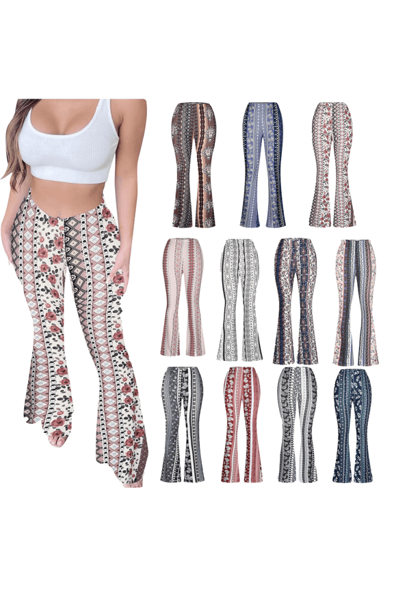 APEXFWDT Boho Flare Pants for Women Womens Stretchy Wide Leg High Waist Bell Bottom Flare Pants Retro 70s Floral Legging