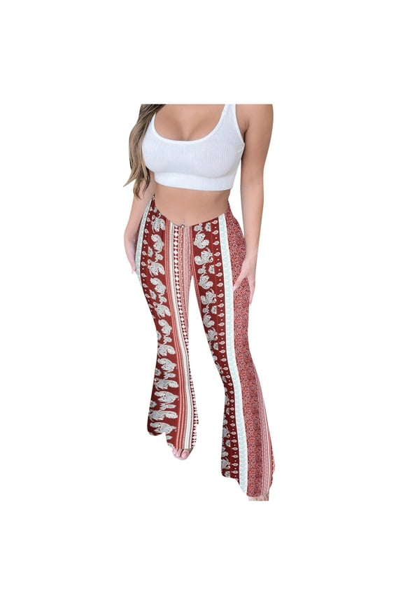 APEXFWDT Boho Flare Pants for Women Womens Stretchy Wide Leg High Waist Bell Bottom Flare Pants Retro 70s Floral Legging
