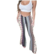APEXFWDT Boho Flare Pants for Women Womens Stretchy Wide Leg High Waist Bell Bottom Flare Pants Retro 70s Floral Legging