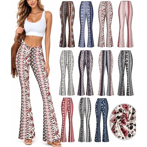 APEXFWDT Boho Flare Pants for Women Womens Stretchy Wide Leg High Waist Bell Bottom Flare Pants Retro 70s Floral Legging