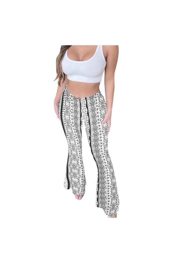 APEXFWDT Boho Flare Pants for Women Womens Stretchy Wide Leg High Waist Bell Bottom Flare Pants Retro 70s Floral Legging