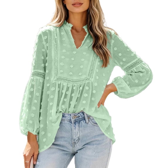 APEXFWDT Boho Tops for Women Puff Long Sleeve Flowy Blouses V Neck Swiss Dot Dressy Casual Shirts Trendy Outfits,S,Green