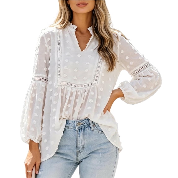 APEXFWDT Boho Tops for Women Puff Long Sleeve Flowy Blouses V Neck Swiss Dot Dressy Casual Shirts Trendy Outfits,S,White