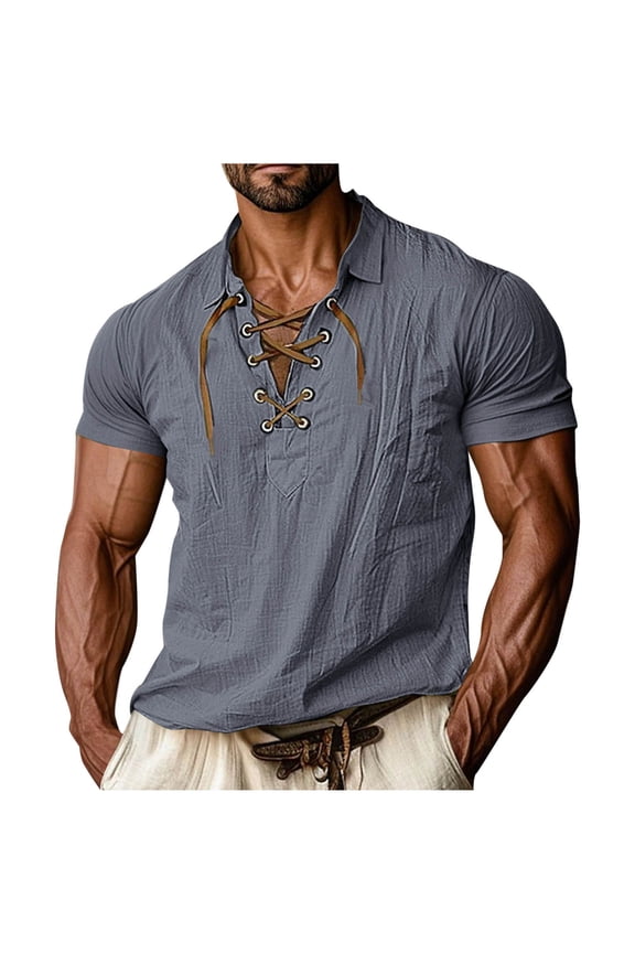 APEXFWDT Boho Vintage Linen Shirt for Men Laced Henley Design Beach Shirt Short Sleeve Summer Casual Shirt L,Gray