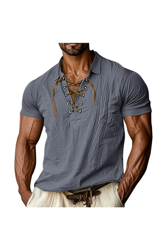 APEXFWDT Boho Vintage Linen Shirt for Men Laced Henley Design Beach Shirt Short Sleeve Summer Casual Shirt XL,Gray