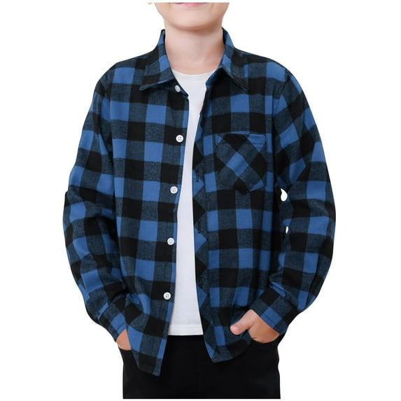 APEXFWDT Boys' Plaid Button-Down Shirt Collared Long Sleeve Top with Pockets, Casual Kids' Wear