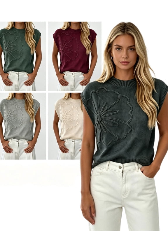 Cap Sleeve Sweater for Women Floral Knit Sweater Top Round Neck Casual Summer Spring Blouse