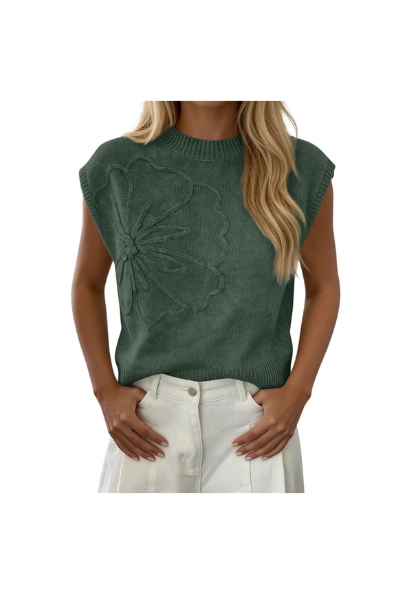 Cap Sleeve Sweater for Women Floral Knit Sweater Top Round Neck Casual Summer Spring Blouse
