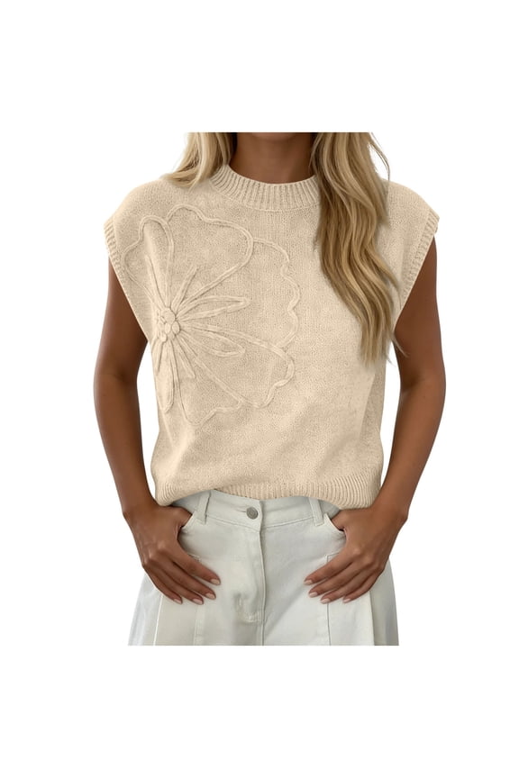 Cap Sleeve Sweater for Women Floral Knit Sweater Top Round Neck Casual Summer Spring Blouse