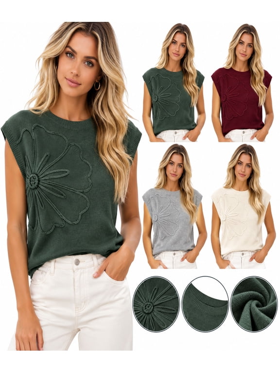 Women's Floral Knit Sweater Top Flower Cap Sleeve Crew Neck Lightweight Casual Pullover for Spring Fall