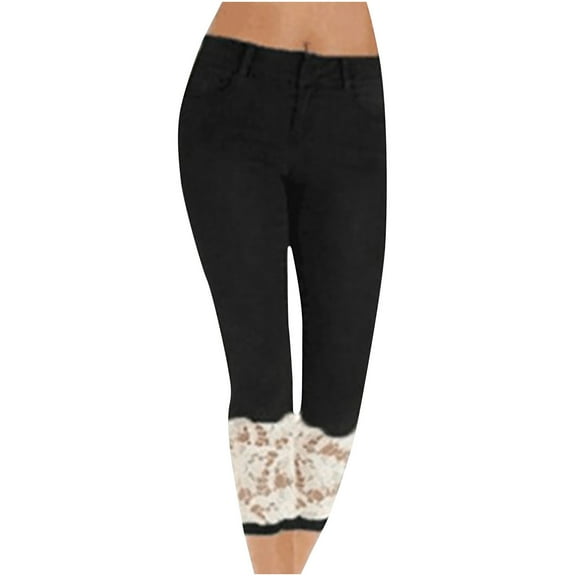 APEXFWDT Capri Jeans for Women Plus Size Stretch High Waisted Lace Patchwork Denim Capris Casual Skinny Cropped Pants