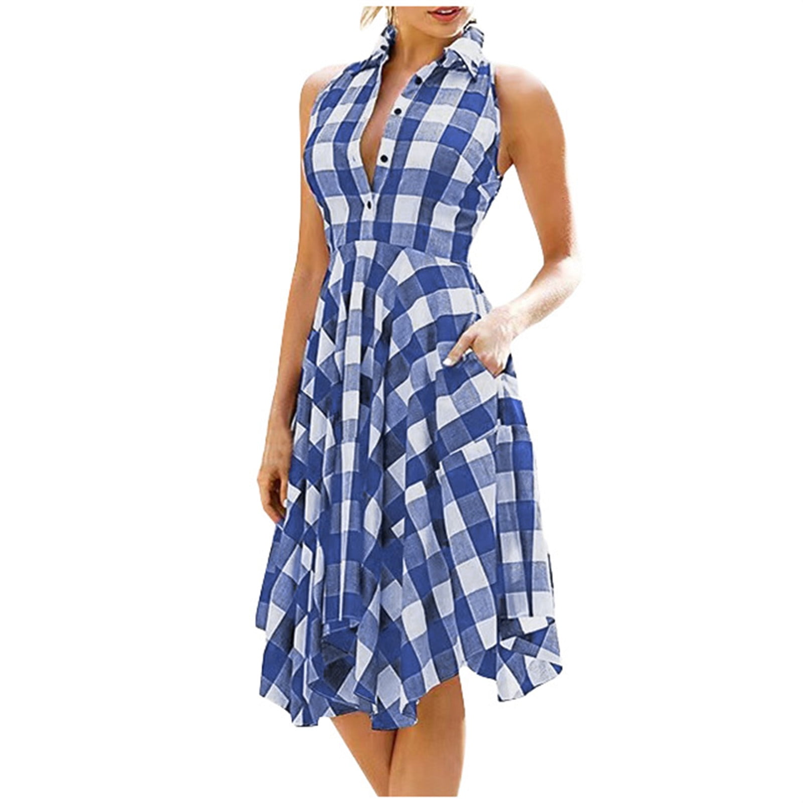 APEXFWDT Check Plaid Dress for Women V Neck Button up Sleeveless Dresses  Casual Irregular Hem Sundress A-Line Vintage Dresses L,Blue - Walmart.com
