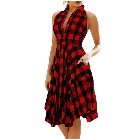 APEXFWDT Check Plaid Dress for Women V Neck Button up Sleeveless Dresses Casual Irregular Hem Sundress A-Line Vintage Dresses XL,Red
