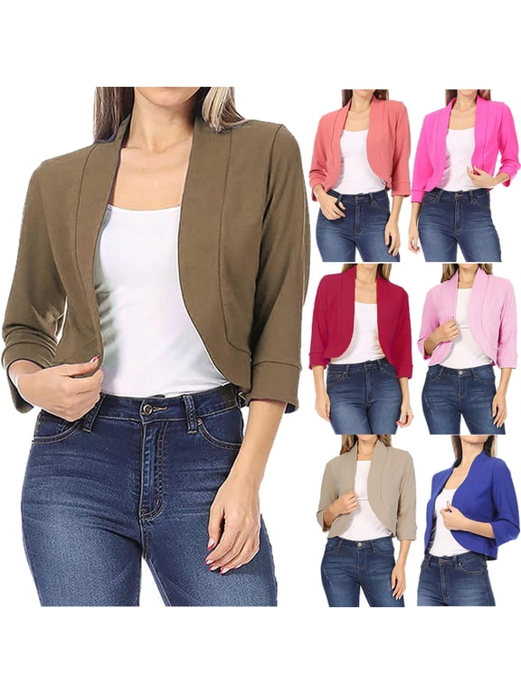APEXFWDT Women's Classic 3/4 Sleeve Open Front Cropped Cardigan S-5XL,Plus Size Casual Lightweight Short Bolero Shrugs Jacket