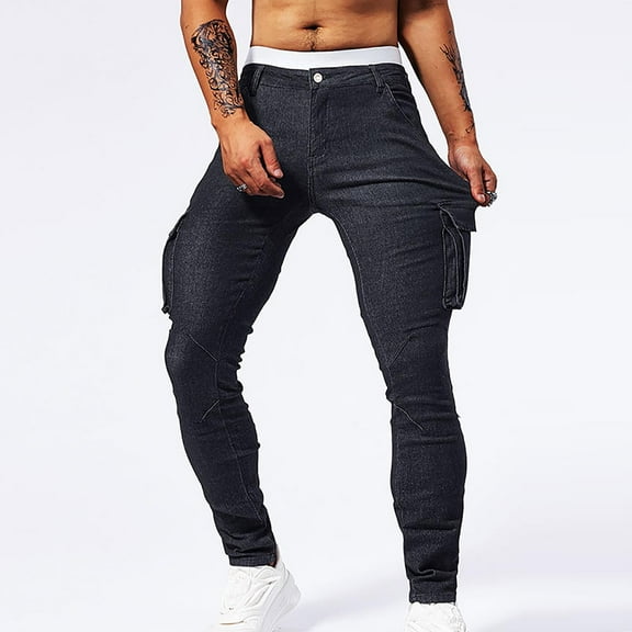 APEXFWDT Men Skinny Slim Fit Casual Jeans Dyeing Stretch Fashion Denim Pants with Cargo Pocket Ripped Jeans Pants,29Black