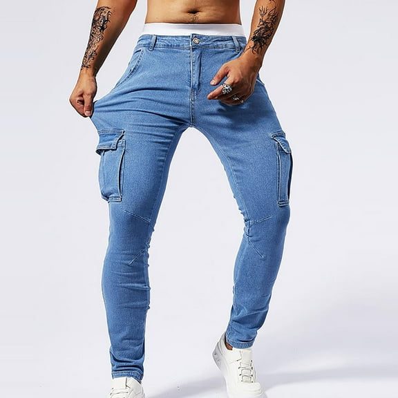 APEXFWDT Men Skinny Slim Fit Casual Jeans Dyeing Stretch Fashion Denim Pants with Cargo Pocket Ripped Jeans Pants,34Blue