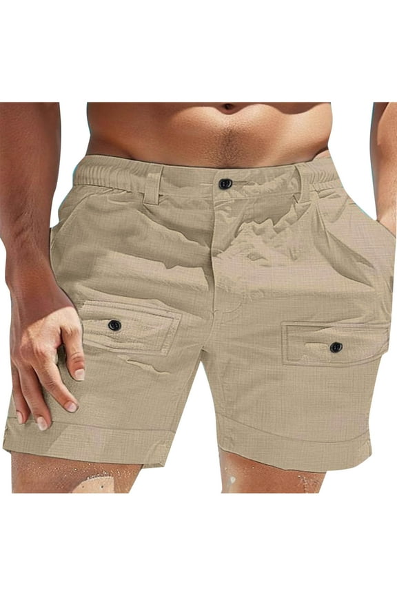 Men's Comfortable Summer Casual Shorts - Lightweight Cotton Linen Blend Cuffed Hem Beach Shorts with Pockets, Fly Closure,Ideal for Lounging