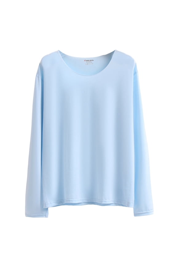 APEXFWDT Men's Pajama Top Soft Long Sleeve Sleep T-Shirt Ice Silk Crewneck Pullover Tops Comfy Sleepwear Pjs Shirt