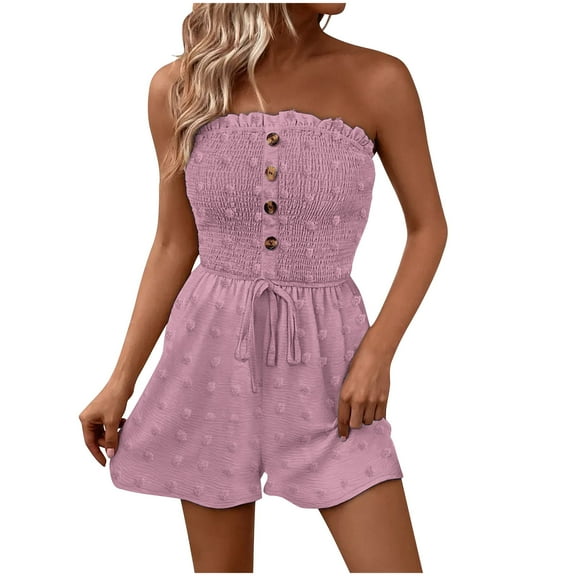 APEXFWDT Women's Strapless Short Rompers Beachwear Boho One Piece jumpsuit Wide Leg Tube Romper Shorts,L,Pink