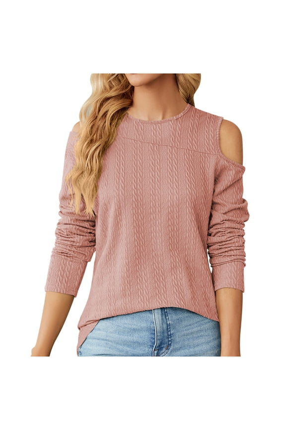Cold Shoulder Long Sleeve Tops for Women Dressy Casual Crew Neck Work Shirts Trendy Fitted Basic Blouse Top