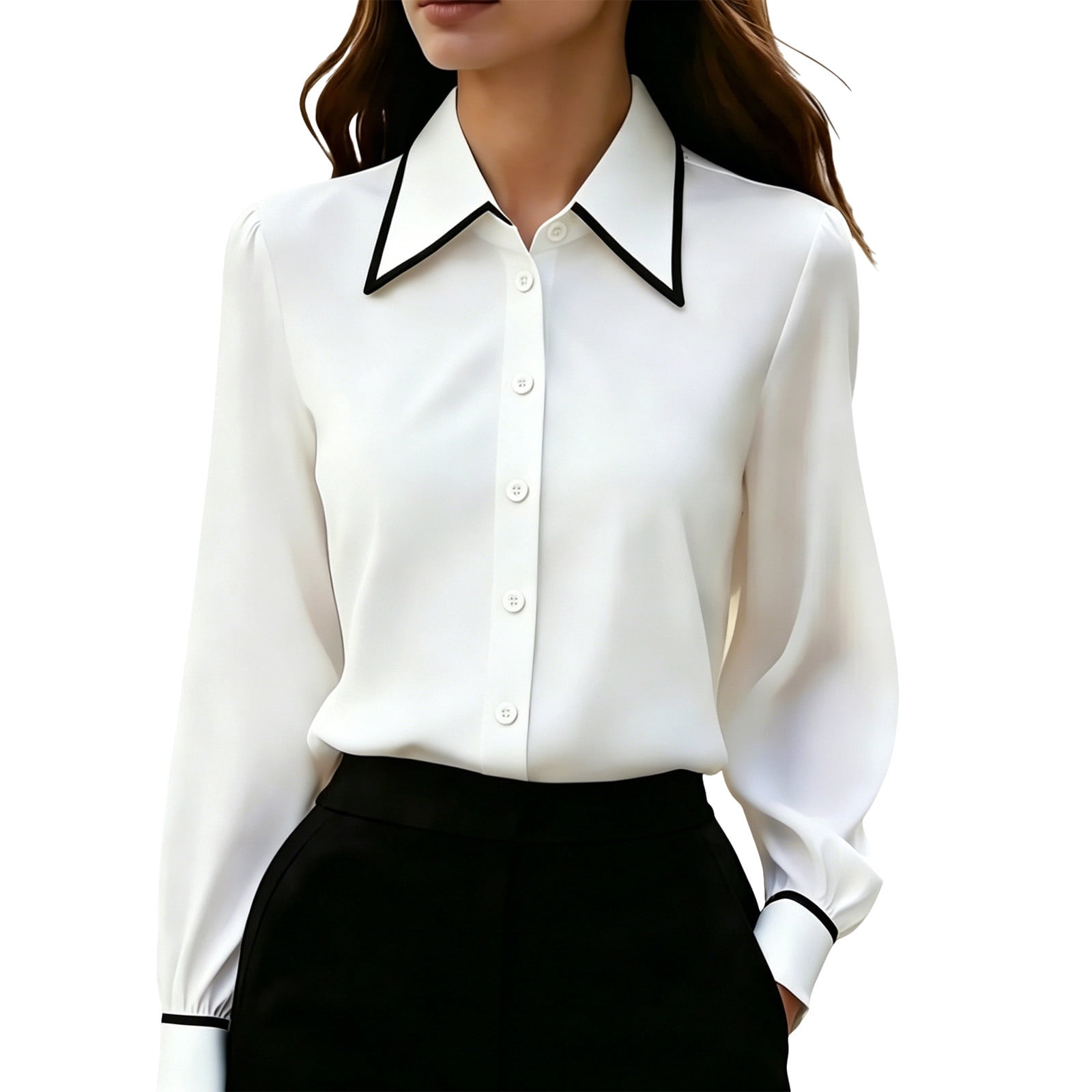 APEXFWDT Collared Dress Shirt Women Long Sleeve Elegant Button Down ...
