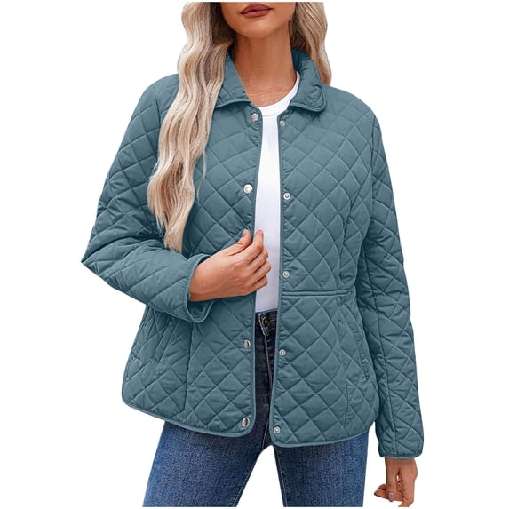 APEXFWDT Collared Quilted Jacket Women Snap Button Front Diamond Quilted Coat Lightweight Fall Winter Outerwear with Pockets