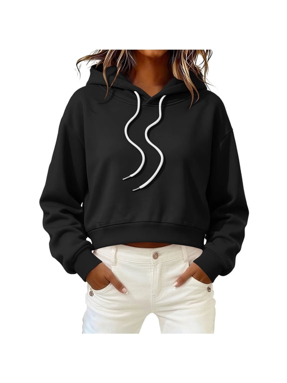 Cropped Hoodie Women Drop Shoulder Lightweight Cute Sweatshirt Solid Drawstring Casual Pullover,S,Black