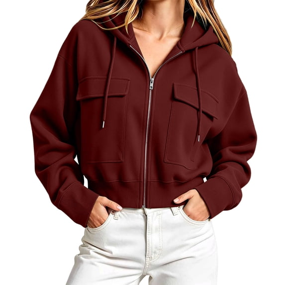 APEXFWDT Cropped Zip‑Up Hoodie Jacket Women Full Zip Sweatshirt with Cargo Flap Pockets