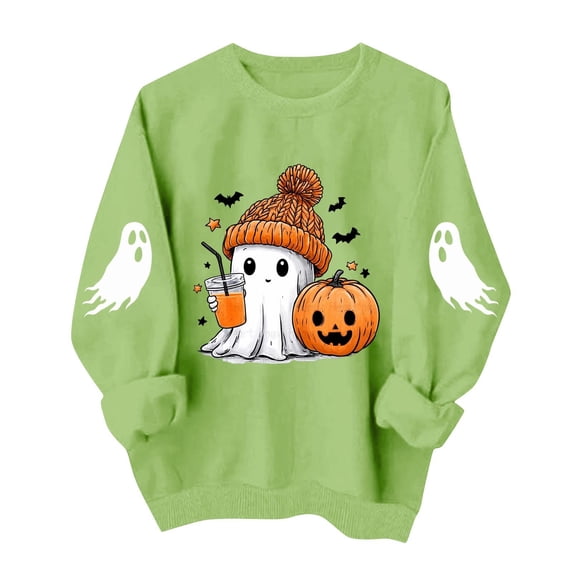 APEXFWDT Cute Ghost Pumpkin Halloween Pullover Sweatshirt for Women, Crew Neck Long Sleeve Bat Graphic Casual Fall Tops