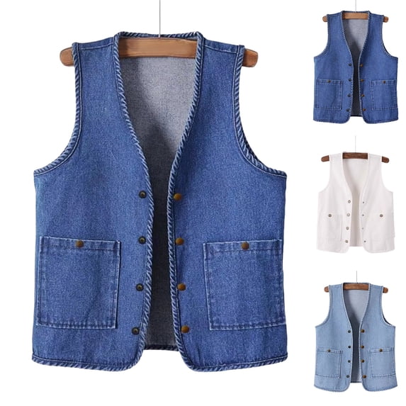 APEXFWDT Denim Vest Women Plus Size Sleeveless Button Down Waistcoat Jacket V Neck Jean Vest Open Front with Pockets,L,Dark Blue