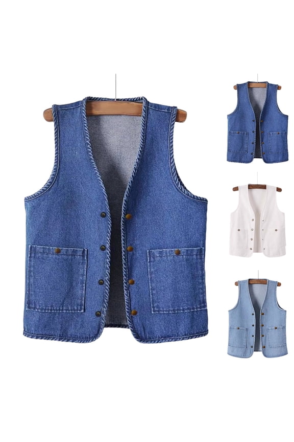 Denim Vest Women Plus Size Sleeveless Button Down Waistcoat Jacket V Neck Jean Vest Open Front with Pockets,L,Dark Blue