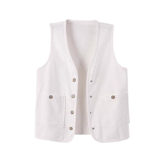 APEXFWDT Denim Vest Women Plus Size Sleeveless Button Down Waistcoat Jacket V Neck Jean Vest Open Front with Pockets,S,White