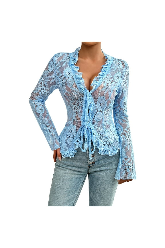 Dressy Lace Tops for Women Sexy V Neck Knot Tie Open Front Blouses Slim Fit Long Sleeve Ruffle Trim Sheer Tops Blouse