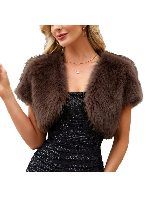Faux Furry Shrug Open Front for Women Short Caplet Bolero Fluffy Cropped Shawl Wrap Jacket for Wedding Party Evening