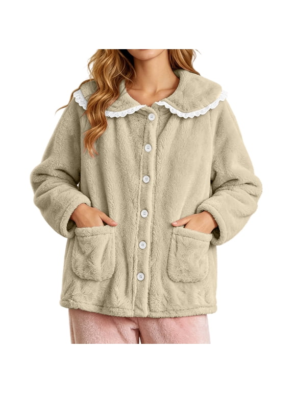Fleece Bed Jackets for Women Plush Pajama Tops Long Sleeve Button Down Sleep Coat Sleepwear with Pockets