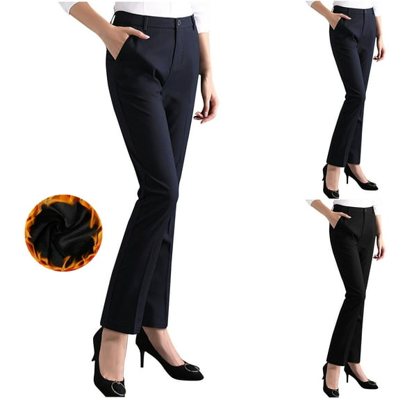 APEXFWDT Fleece Lined Dress Pants for Women with Pockets Plus Size High Waist Stretchy Yoga Work Pants Flare Soft Pants for Cold Weather XXXXL,Navy