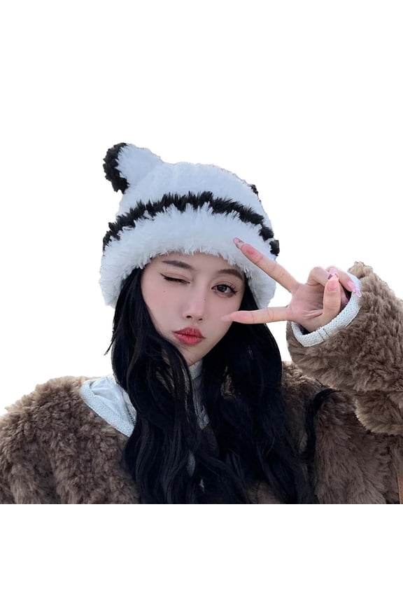 APEXFWDT Fluffy Knit Beanie Hats for Women Winter Furry Warm Knit Crochet Skull Cap Outdoor Peruvian Cover Ears Beanie Hat Ear Flaps Sherpa Ski Snow Hats Knit Fleece Lined Hats