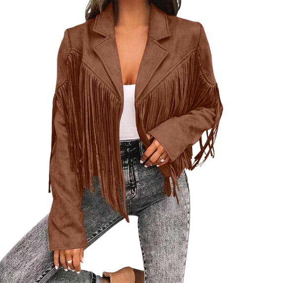APEXFWDT Fringe Jacket For Women Spring Fall Western Cropped Jacket Trendy Tassel Motorcycle Crop Coats,L,Brown