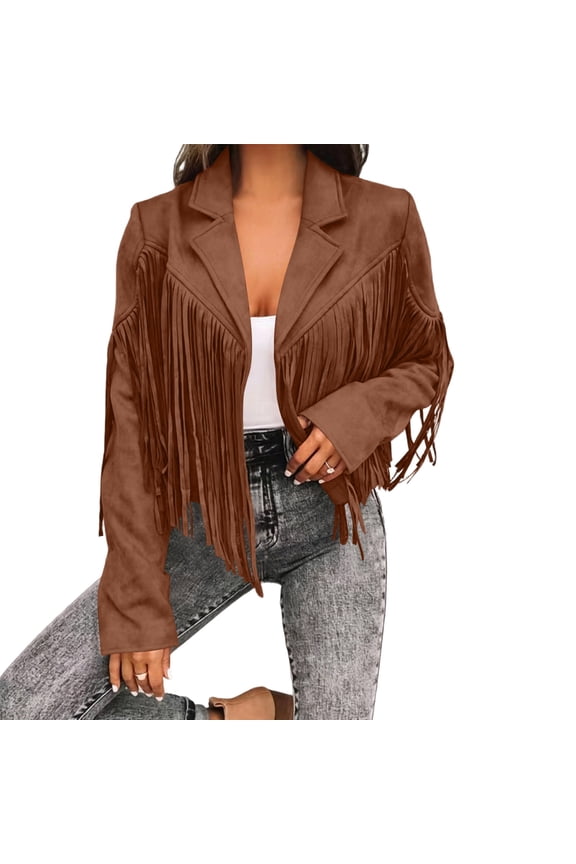 Fringe Jacket For Women Spring Fall Western Cropped Jacket Trendy Tassel Motorcycle Crop Coats,L,Brown